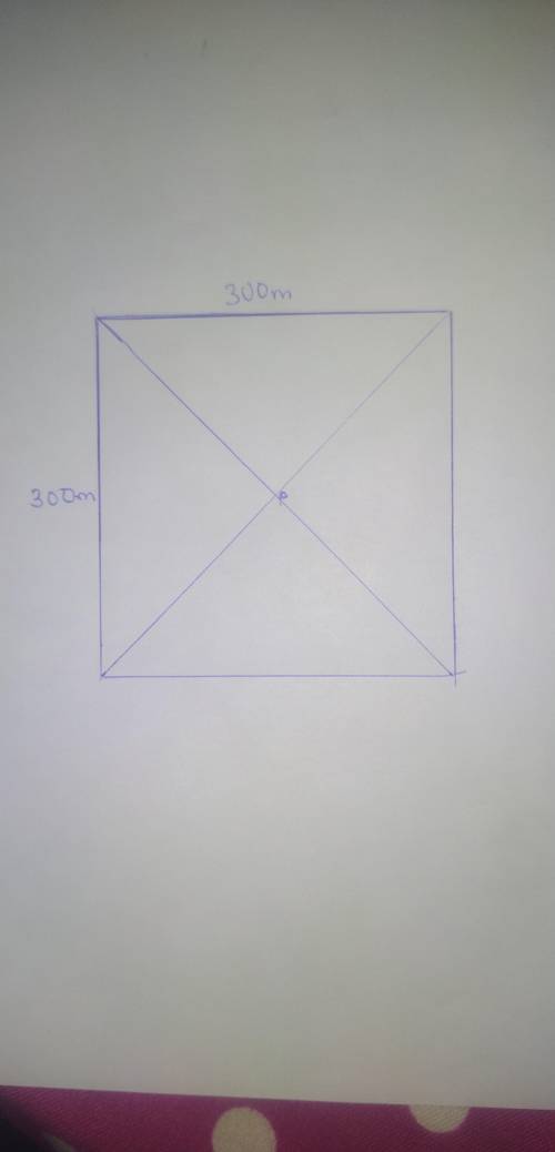 A square field is 300m × 300m. Draw a plan of the field. Find the distance of the centre of the fiel