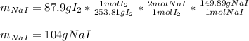m_{NaI}=87.9gI_2*\frac{1molI_2}{253.81gI_2}*\frac{2molNaI}{1molI_2}*\frac{149.89gNaI}{1molNaI}   \\\\m_{NaI}=104gNaI