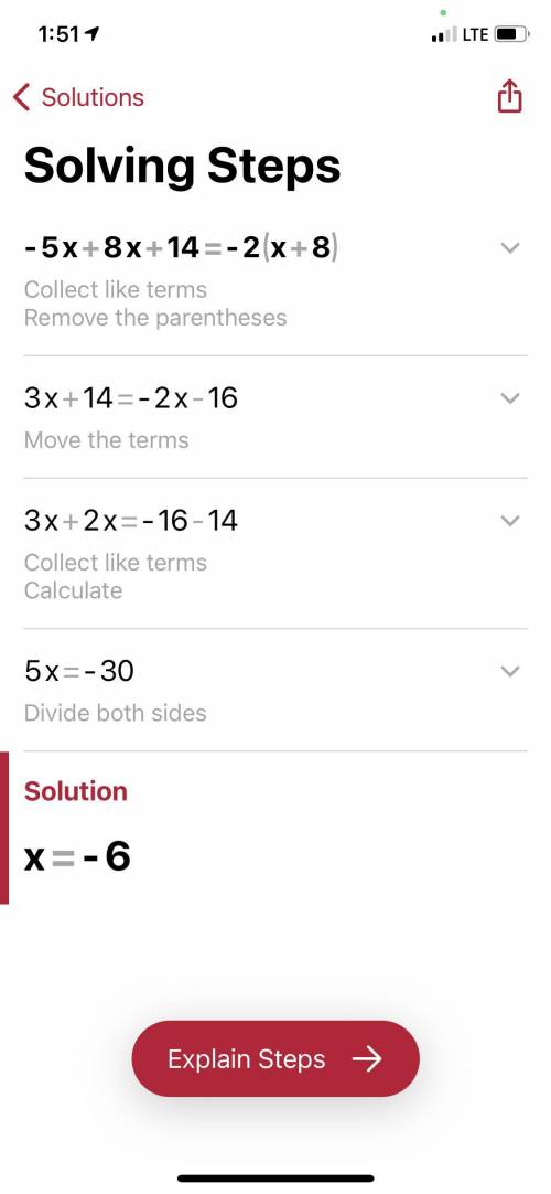 PLS HELP I NEED TO SHOW WORK AND ITS FINALS
-5x +8x + 14 = -2(x+8)