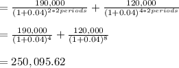 = \frac{190,000}{(1 + 0.04)^{2 * 2 periods} } + \frac{120,000}{(1 + 0.04)^{4 * 2 periods} }\\\\=  \frac{190,000}{(1 + 0.04)^{4} } + \frac{120,000}{(1 + 0.04)^{8} }\\\\= 250,095.62