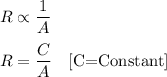 R\propto \dfrac{1}{A}\\\\R=\dfrac{C}{A}\quad [\text{C=Constant}]