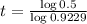t = \frac{\log{0.5}}{\log{0.9229}}