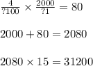\frac{4}{?100}  \times  \frac{2000}{?1} = 80 \\  \\ 2000 + 80 = 2080 \\  \\ 2080 \times 15 = 31200