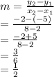 m=\frac{y_2-y_1}{x_2-x_1}\\=\frac{-2-(-5)}{8-2}\\=\frac{-2+5}{8-2}\\=\frac{3}{6}\\=\frac{1}{2}