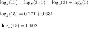 \log_k(15)=\log_k(3\cdot5)=\log_k(3)+\log_k(5)\\\\\log_k(15)=0.271+0.631\\\\ \boxed{\log_k(15)=0.902}
