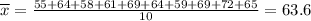 \overline{x} = \frac{55+64+58+61+69+64+59+69+72+65}{10} = 63.6