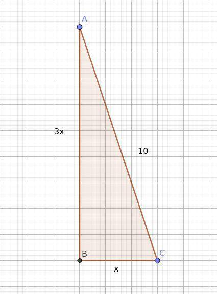 The hypotenuse of a right triangle is 10cm long. One of the triangle’s legs is three times the lengt