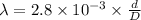 \lambda = 2.8\times 10^{-3}\times \frac{d}{D}