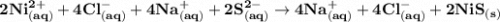 \mathbf{2Ni^{2+}_{(aq)}+4Cl^-_{(aq)}+ 4Na^+_{(aq)}+2S^{2-}_{(aq)} \to 4Na^+_{(aq)}+4Cl^-_{(aq)}+2NiS_{(s)}}