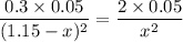 \dfrac{0.3 \times 0.05}{(1.15 - x)^{2}}  = \dfrac{2 \times 0.05}{x^2}