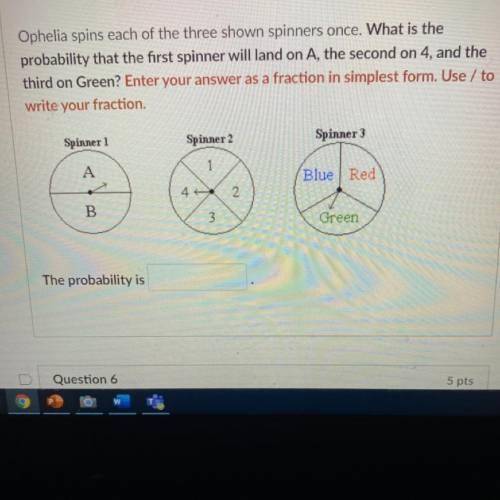 Ophelia spins each of the three shown spinners once. What is the probability that the first spinner