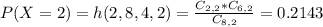 P(X = 2) = h(2,8,4,2) = \frac{C_{2,2}*C_{6,2}}{C_{8,2}} = 0.2143