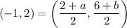 (-1,2)=\left(\dfrac{2+a}{2},\dfrac{6+b}{2}\right)