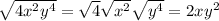 \sqrt{4x^2y^4} = \sqrt{4}\sqrt{x^2}\sqrt{y^4} = 2xy^2
