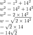 {w}^{2}  =  {z}^{2}  +  {14}^{2}  \\  {w}^{2}  =  {14}^{2}  +  {14 }^{2}  \\   {w}^{2} = 2 \times  {14}^{2}  \\ w =  \sqrt{2 \times  {14}^{2} }  \\  =  \sqrt{2}  \times 14 \\  = 14 \sqrt{2}