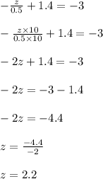 -\frac{z}{0.5} + 1.4 = -3\\\\-\frac{z \times 10}{0.5 \times 10} + 1.4  = -3\\\\-2z + 1.4 = -3\\\\-2z = -3 - 1.4\\\\-2z = -4.4\\\\z = \frac{-4.4}{-2}\\\\z = 2.2