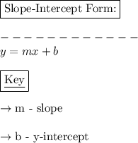 \boxed{\text{Slope-Intercept Form:}}\\\\------------\\y=mx+b\\\\\boxed{\text{\underline{Key}}}\\\\\rightarrow\text{m - slope}\\\\\rightarrow\text{b - y-intercept}