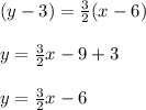 (y-3) =\frac{3}{2}(x -6)\\\\y = \frac{3}{2}x -9 + 3\\\\y = \frac{3}{2} x- 6