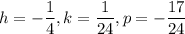 h=-\dfrac{1}{4},k=\dfrac{1}{24}, p=-\dfrac{17}{24}