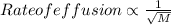 Rate of effusion \propto \frac{1}{\sqrt{M}}