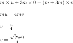 m\times u + 3m \times 0= (m + 3m)\times v\\\\m u = 4mv \\\\v=\frac {u}{4}\\\\v = \frac{\sqrt(2gh)}{4}\\\\