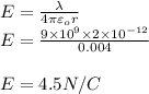 E = \frac{\lambda }{4\pi\varepsilon_or}\\E=\frac{9\times 10^9\times 2 \times 10^{-12}}{0.004}\\\\E=4.5 N/C