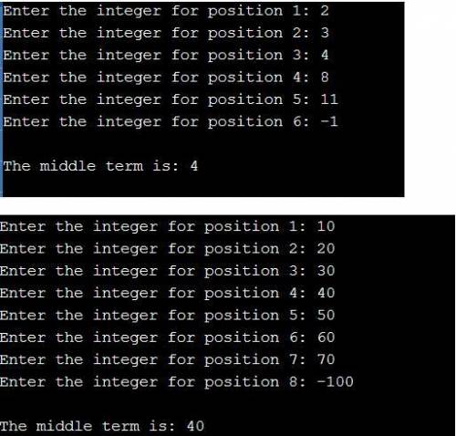 Given a sorted list of integers, output the middle integer. A negative number indicates the end of t