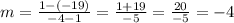 m=\frac{1-(-19)}{-4-1}=\frac{1+19}{-5}=\frac{20}{-5}=   -4