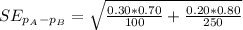 SE_{p_A-p_B} = \sqrt{\frac{0.30 * 0.70}{100} + \frac{0.20* 0.80}{250}}