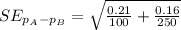 SE_{p_A-p_B} = \sqrt{\frac{0.21}{100} + \frac{0.16}{250}}