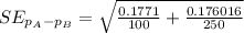 SE_{p_A-p_B} = \sqrt{\frac{0.1771}{100} + \frac{0.176016}{250}}