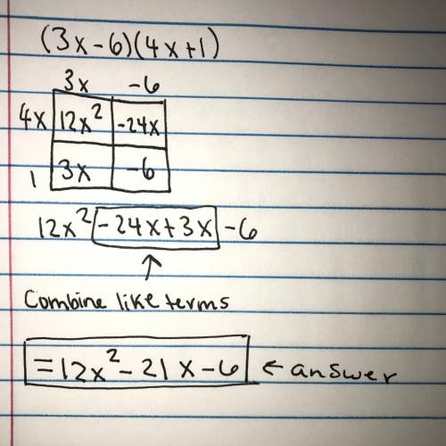 Multiply and combine like terms to determine the product of these polynomials. (3x−6)(4x+1)