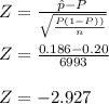 Z=\frac{\hat{p}-P}{\sqrt{\frac{P(1-P))}{n}}}\\\\Z=\frac{0.186-0.20}{6993}\\\\Z=-2.927