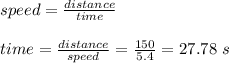 speed = \frac{distance}{time} \\\\time = \frac{distance}{speed} = \frac{150}{5.4} = 27.78 \ s