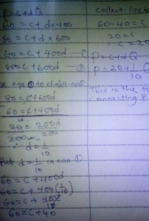 assume that supply function is p=c+dQ.When the price per unit of a product is Rs.60,the quantity sup