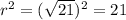 r^2 = (\sqrt{21})^2 = 21