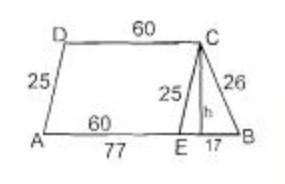 Two

1 1 sides of trapezium are bound 60 cm & 77cm
outer sides are 25cm. & 26cm Find the
are