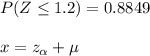 P(Z \leq 1.2) =0.8849\\\\x=z_{\alpha}+\mu\\\\