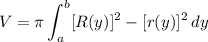 \displaystyle V=\pi\int_{a}^{b}[R(y)]^2-[r(y)]^2\, dy