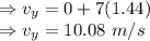 \Rightarrow v_y=0+7(1.44)\\\Rightarrow v_y=10.08\ m/s
