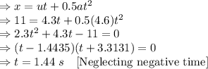 \Rightarrow x=ut+0.5at^2 \\\Rightarrow 11=4.3t+0.5(4.6)t^2\\\Rightarrow 2.3t^2+4.3t-11=0\\\Rightarrow (t-1.4435)(t+3.3131)=0\\\Rightarrow t=1.44\ s\quad [\text{Neglecting negative time}]\\