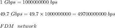 1\ Gbps = 1000000000\ bps\\\\49.7 \ Gbps = 49.7 \times 1000000000 =49700000000\ bps\\\\FDM \ \ network