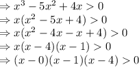 \Rightarrow x^3-5x^2+4x0\\\Rightarrow x(x^2-5x+4)0\\\Rightarrow x(x^2-4x-x+4)0\\\Rightarrow x(x-4)(x-1)0\\\Rightarrow (x-0)(x-1)(x-4)0