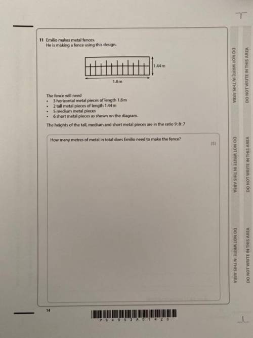 11 Emilio makes metal fences.

He is making a fence using this design.
1.44 m
DO NOT WRITE IN THIS A