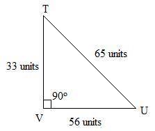 In ΔTUV, the measure of ∠V=90°, UT = 65, VU = 56, and TV = 33. What ratio represents the cosine of ∠