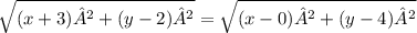 \sqrt{(x+3)²+(y-2)²}=\sqrt{(x-0)²+(y-4)²}