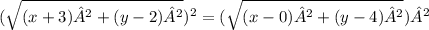 (\sqrt{(x+3)²+(y-2)²})^{2}=(\sqrt{(x-0)²+(y-4)²})²