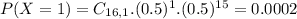 P(X = 1) = C_{16,1}.(0.5)^{1}.(0.5)^{15} = 0.0002