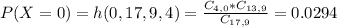 P(X = 0) = h(0,17,9,4) = \frac{C_{4,0}*C_{13,9}}{C_{17,9}} = 0.0294