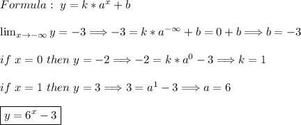 Formula:\ y=k*a^x+b\\\\ \lim_{x \to -\infty} y=-3 \Longrightarrow -3=k*a^{-\infty}+b=0+b \Longrightarrow b=-3\\\\if \ x=0\ then\ y=-2  \Longrightarrow -2=k*a^0-3  \Longrightarrow k=1\\\\if \ x=1\ then\ y=3  \Longrightarrow 3=a^1-3  \Longrightarrow a=6\\\\\boxed{y=6^x-3}\\